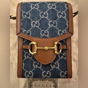 Authentic Gucci Horsebit 1955 Mini Bag GG Denim & Brown Leather NWT